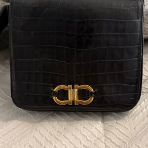 Salvatore Ferragamo Black Croc-Embossed Crossbody with Gold Clasp